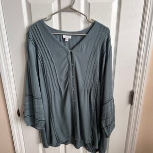 J. Jill Button-Up Tunic Top Embroidered Details Ladies Long Sleeve‎ Blouse XL